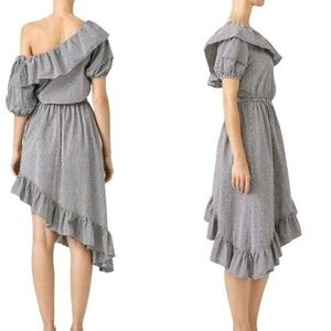 LoveShackFancy Gray One-Shoulder Ruffle Asymmetrical Midi Dress